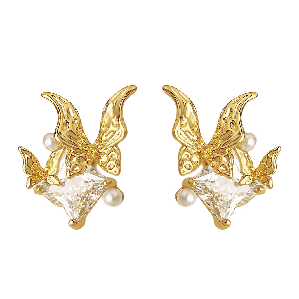 O1CN014BM7rl1jCY4fG7IFp_2218909494512-0-cib.jpg Designer model! Fashionable and high-end plated 18K real gold color retention inlaid zircon butterfly earrings 925 silver needle stud earrings - Image 1