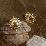 Sun and Moon Original thick plated 18K real gold freshwater pearl zircon earrings retro literary and artistic light luxury 925 silver needle earrings - Image 4