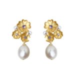 Thick plated 18K real gold baroque freshwater pearl purple zircon flower earrings Fashionable and elegant high-end earrings