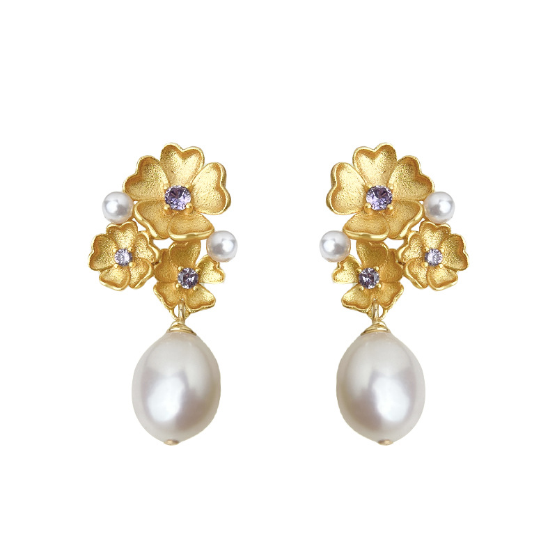 O1CN01BHtuTv1jCY7MTi9Dp_2218909494512-0-cib.jpg Thick plated 18K real gold baroque freshwater pearl purple zircon flower earrings Fashionable and elegant high-end earrings - Image 1