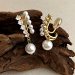 Designer model ~ fashion and high-end sense thick plated 18K real gold glass pearl geometric light luxury earrings zircon earrings for women - Image 4