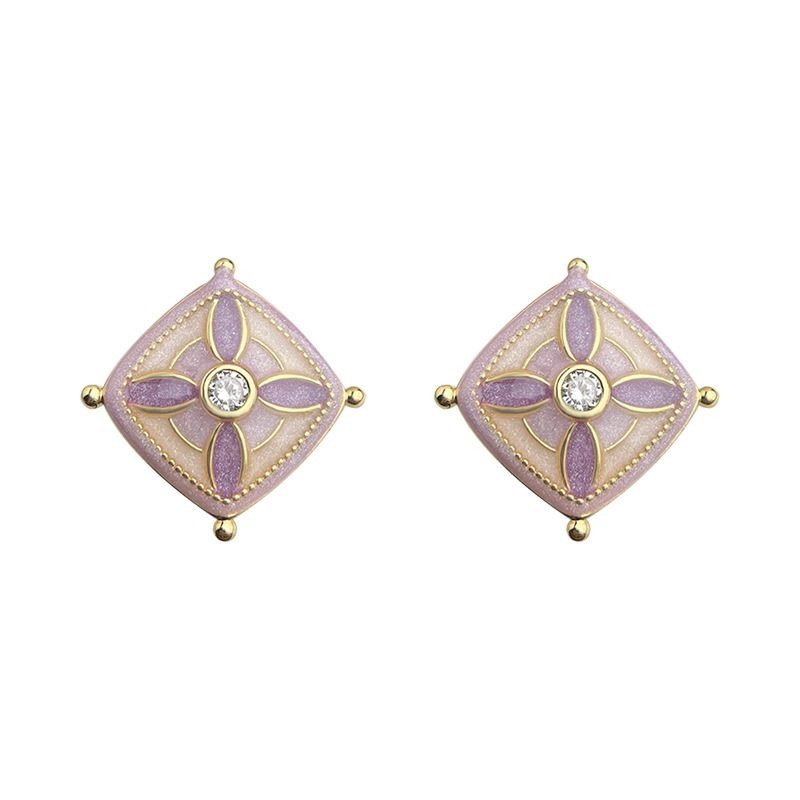 O1CN01cabbzW1jCY7Ybqzr4_2218909494512-0-cib.jpg Original 18K real gold enamel drop glaze purple vint pattern stud earrings French light luxury style fashionable and elegant earrings - Image 1