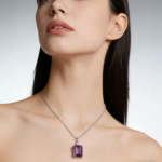 Elegant & Luxurious Octagonal Cut Amethyst and Tiny Diamond Necklace for Daily Wear & Party, Purple, Inlaid, Silver - Image 3