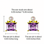 Luxury Elegant Square Crystal, Pearl & Bowknot Stud Earrings For Evening & Daily Wear, Vintage Perfume Bottle Design, 18K Gold Amethyst, Zircon & Pearl Earrings - Image 5