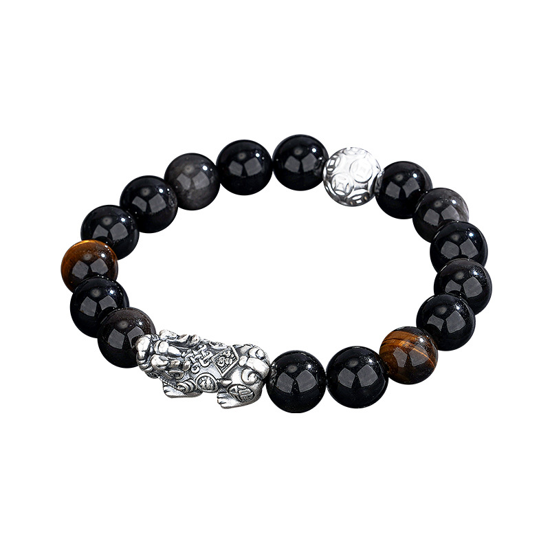 O1CN0194kHbf1QuXTSuSpjb_2214549972036-0-cib-1.jpg Vintage Edgy Natural Black Obsidian Pixiu Bracelet with 925 Silver Accents - Wealth & Spiritual Protection Amulet - Image 1