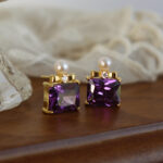 Luxury Elegant Square Crystal, Pearl & Bowknot Stud Earrings For Evening & Daily Wear, Vintage Perfume Bottle Design, 18K Gold Amethyst, Zircon & Pearl Earrings - Image 4