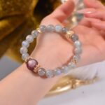 Bohemian Style Healing Energy Balancing Natural Grey Moonstone & Purple Lepidolite Bracelet, Daily Wear & Meditation Accessory, Grey & Purple Handcrafted Moonstone Bracelet With Alloy Accents - Image 5