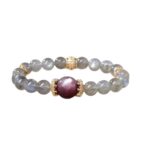 Bohemian Style Healing Energy Balancing Natural Grey Moonstone & Purple Lepidolite Bracelet, Daily Wear & Meditation Accessory, Grey & Purple Handcrafted Moonstone Bracelet With Alloy Accents