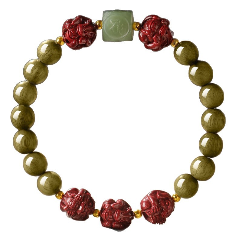 O1CN01ypMX1S1vulnB0UCaG_2355596233-0-cib-1.jpg Natural genuine green sandalwood bracelet women's Hetian jade natal Buddha three-in-one six-in-one bracelet men's natal year gift - Image 1